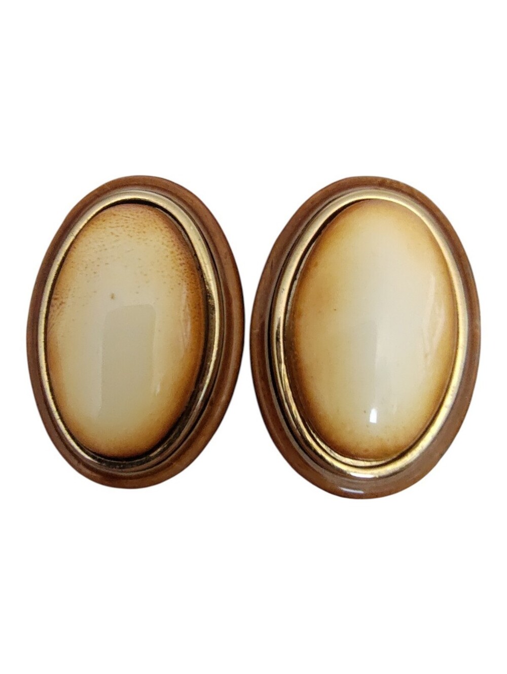 Vintage Style Brown Ivory & Gold Tone Oval Statement Earrings